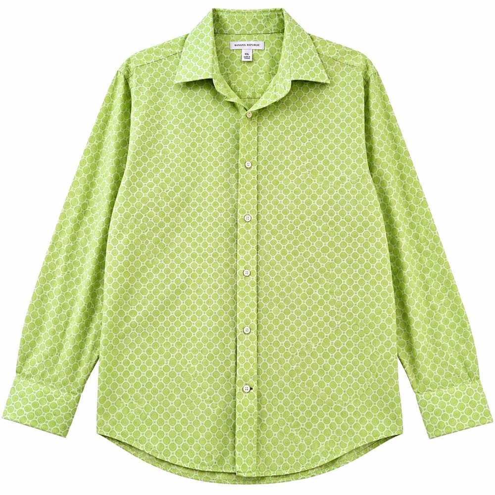 Banana Republic Shirt Geometric Medallion 100% Cotton XL Lime Green Long Sleeve